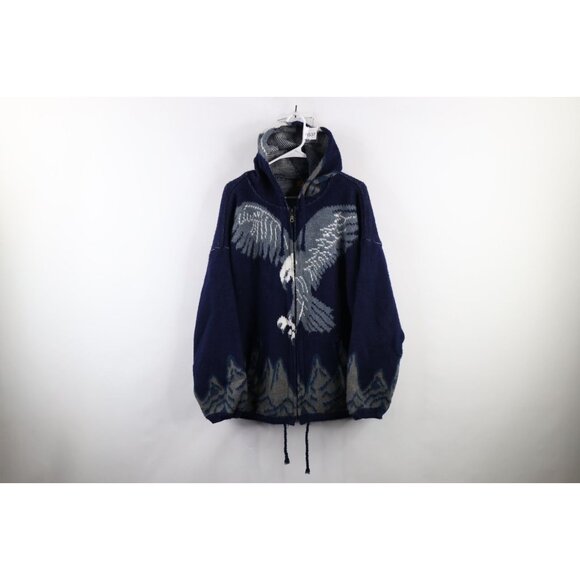 Vtg 90s Streetwear Mens L All Over Print Eagle Mountains Knit Full Zip Hoodie
